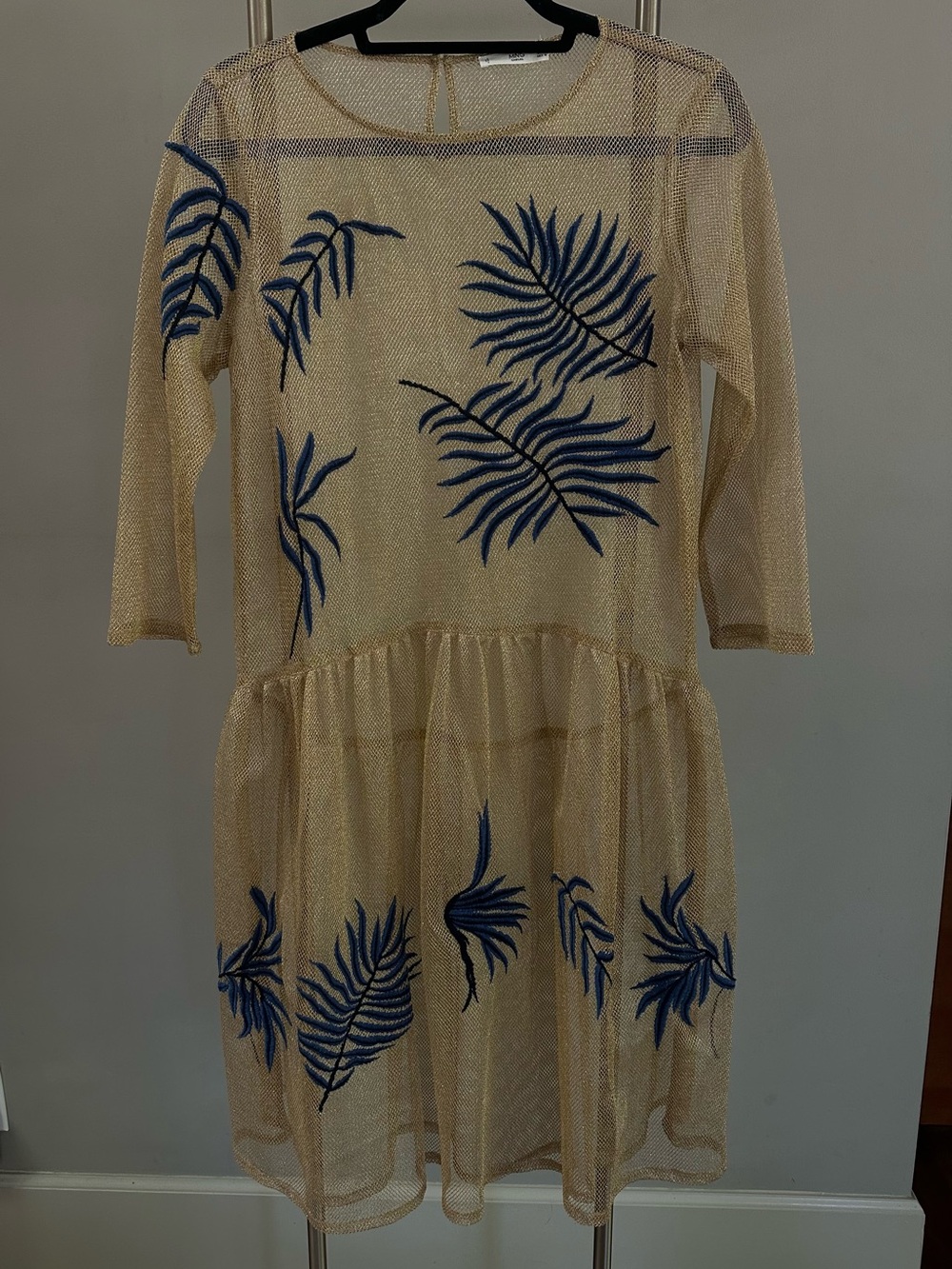 Limited Edition by Mango metallic gold mesh dress w blue embroidered palm leafs.